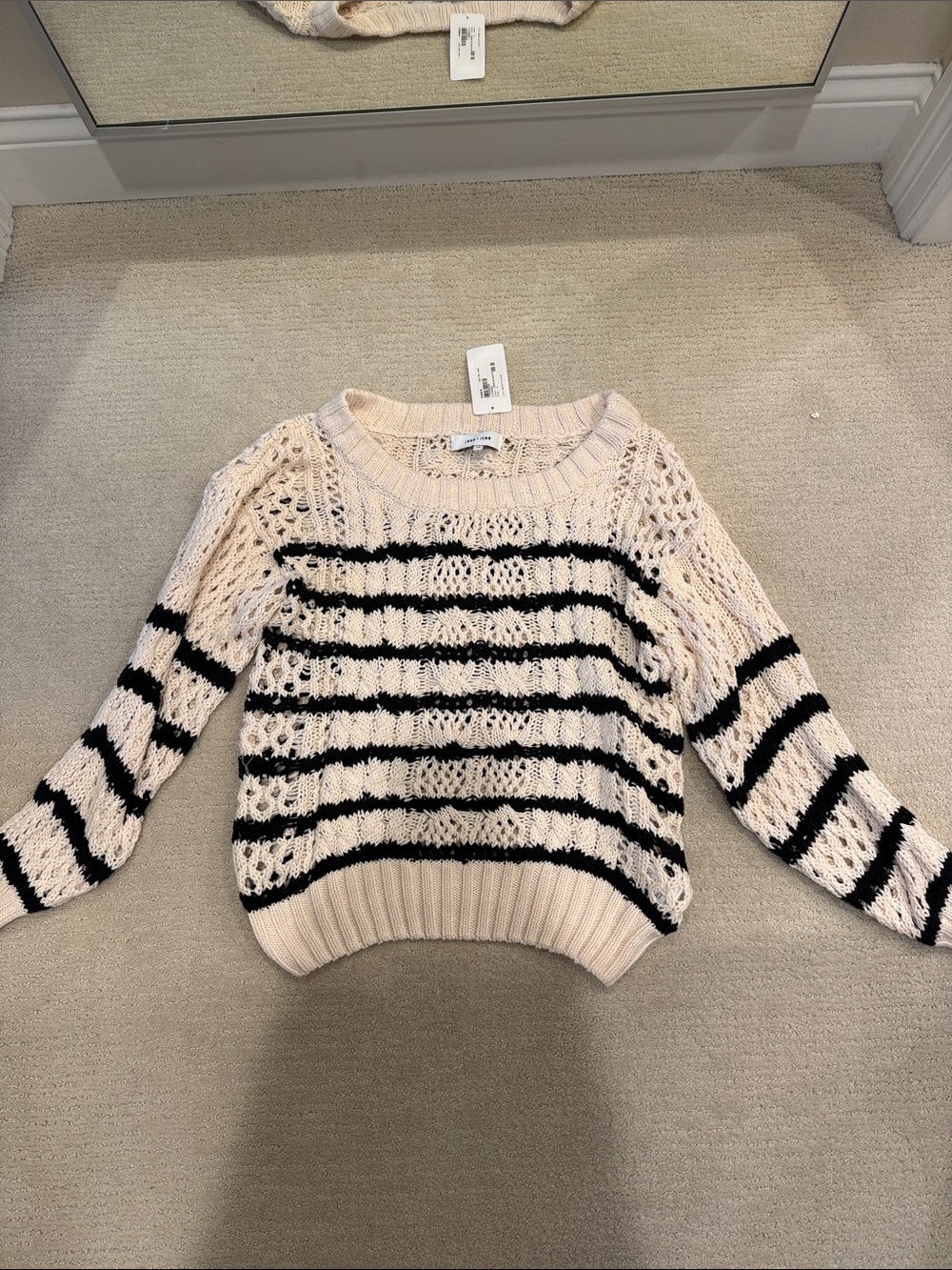John and Jean Striped Open-Knit Pullover Sweater - Cream/Black